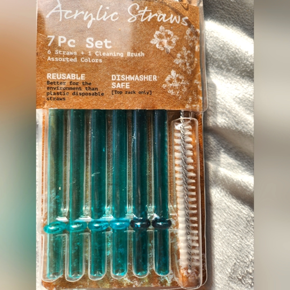 Six piece, reusable, acrylic straw set. Various shades of blue.